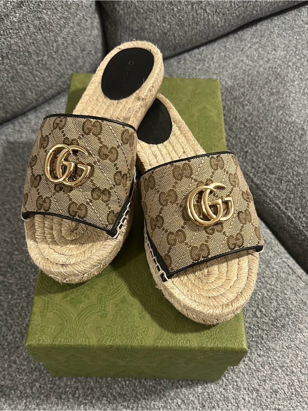 Gucci Brown GG Canvas Espadrille Slide Mules with Gold Double G